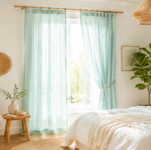 Maplehem Linen Pinch Pleat Curtains | Breathable Bedroom Drapes in Mint, Cream, Beige & Olive