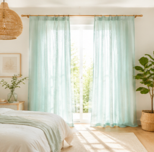 Maplehem Linen Pinch Pleat Curtains | Breathable Bedroom Drapes in Mint, Cream, Beige & Olive