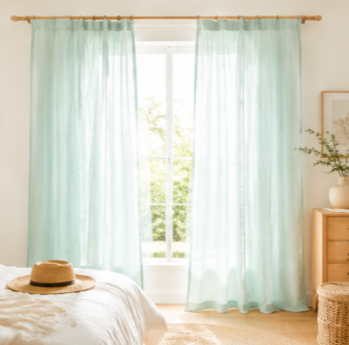Maplehem Linen Pinch Pleat Curtains | Breathable Bedroom Drapes in Mint, Cream, Beige & Olive