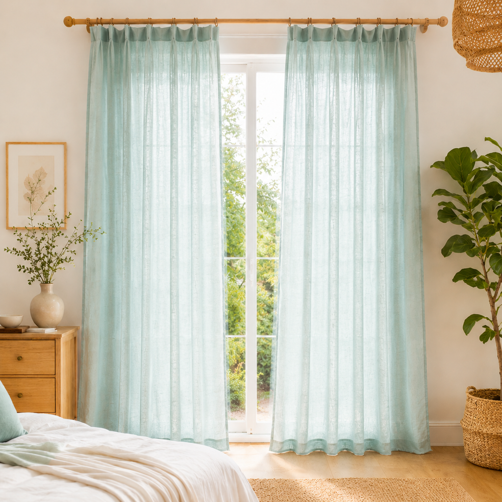 Maplehem Linen Pinch Pleat Curtains | Breathable Bedroom Drapes in Mint, Cream, Beige & Olive