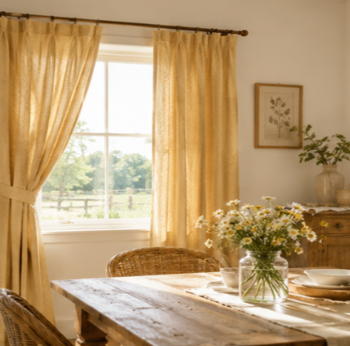 Maplehem Cotton Pinch Pleat Curtains | Farmhouse Dining Room Drapes in Mustard, Sage, Blue & More