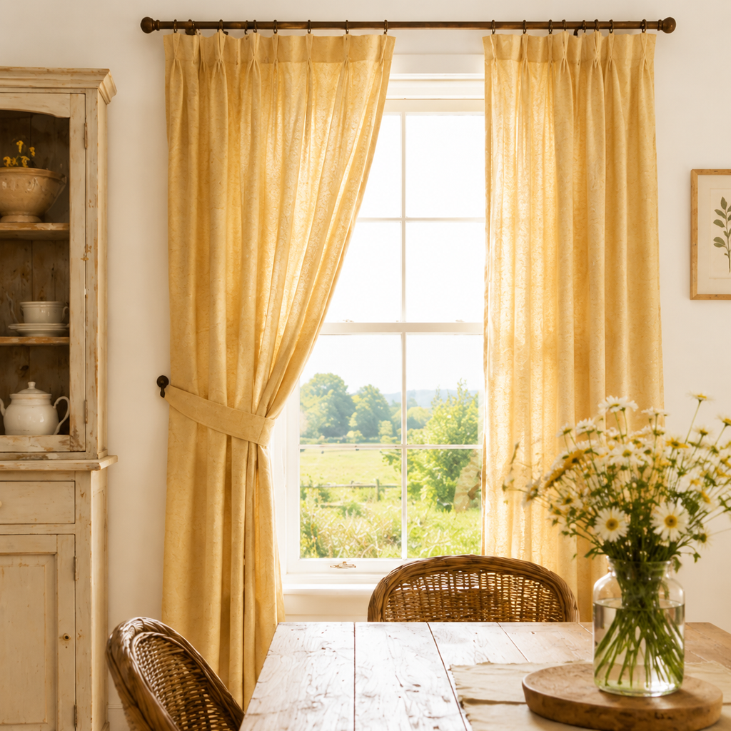 Maplehem Cotton Pinch Pleat Curtains | Farmhouse Dining Room Drapes in Mustard, Sage, Blue & More